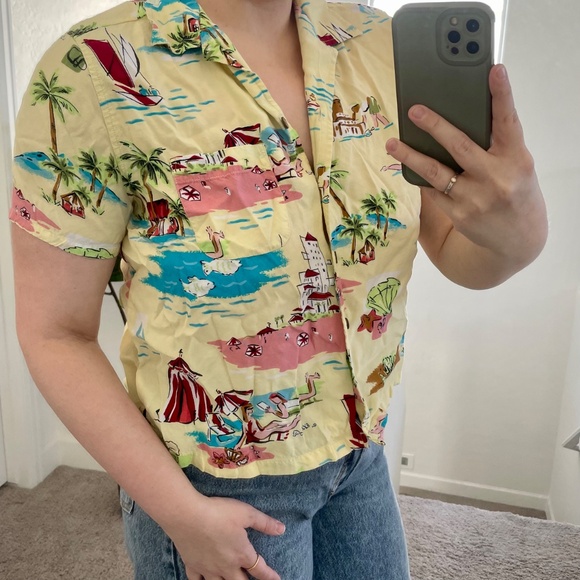 Retro Vaca Beach Holiday Tropical Button Down Boho Hipster Hippie Artsy Blouse - Picture 7 of 7